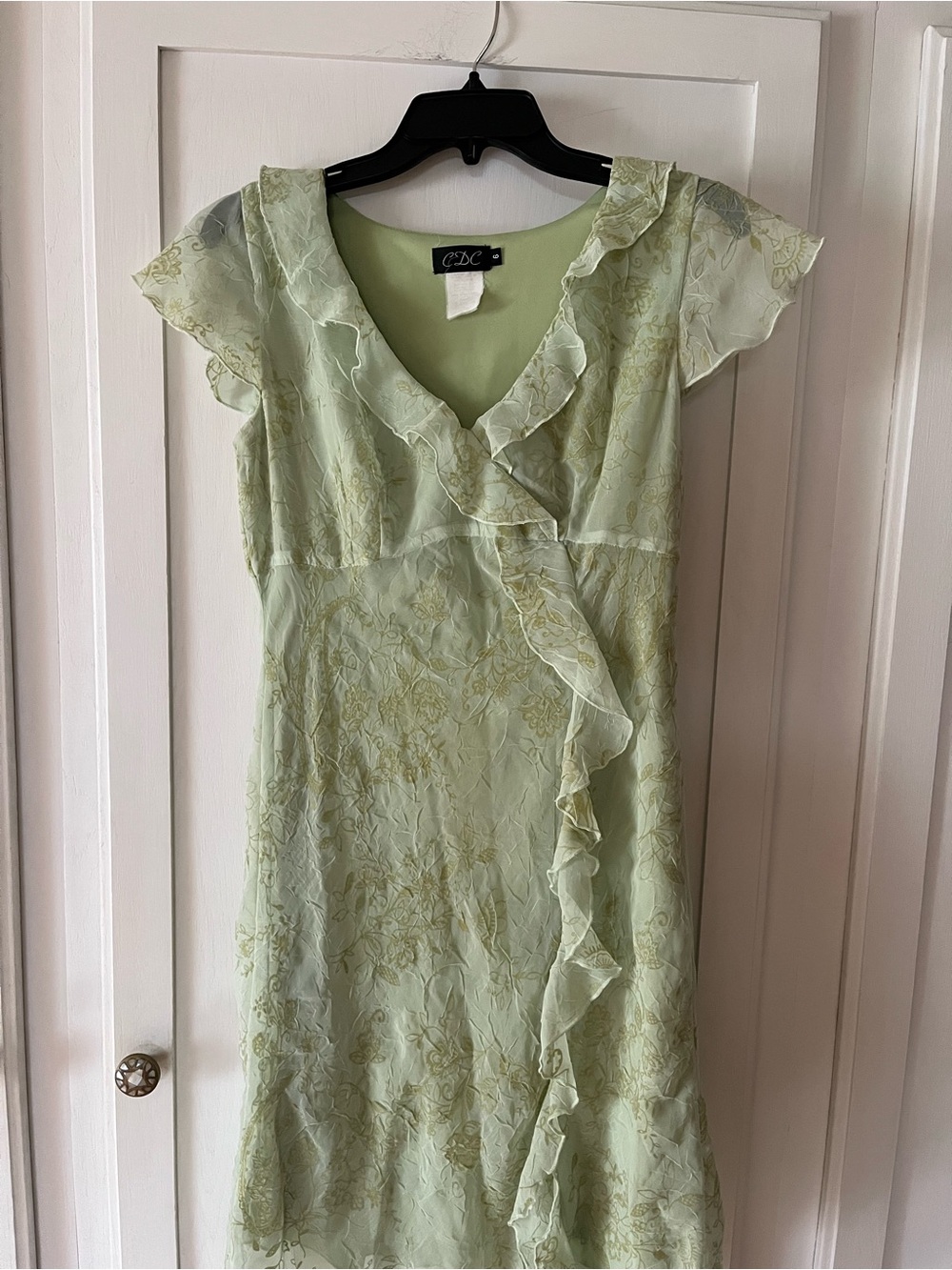 VTG Y2K CDC Light Green Ruffled V-Neck Floral Dress Fairy Whimsical
